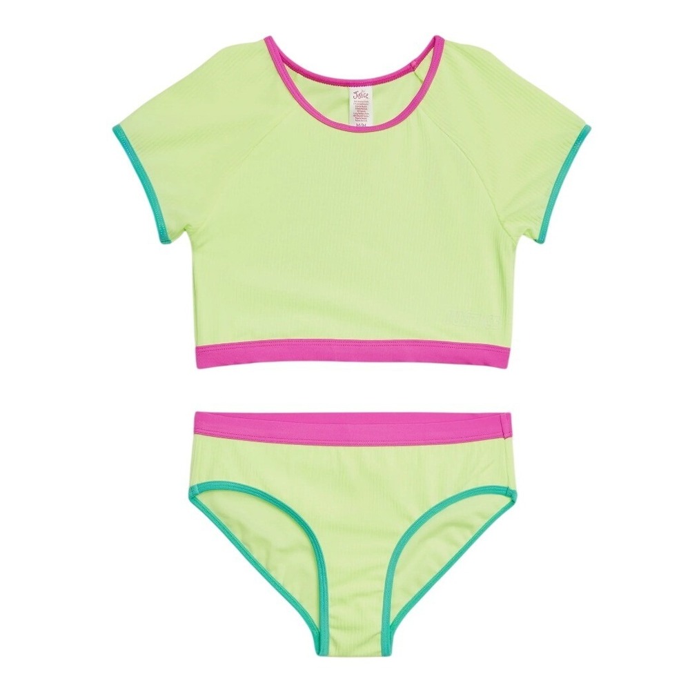 Justice Girls Neon Lime Bikini Set with Pink and Teal Trim